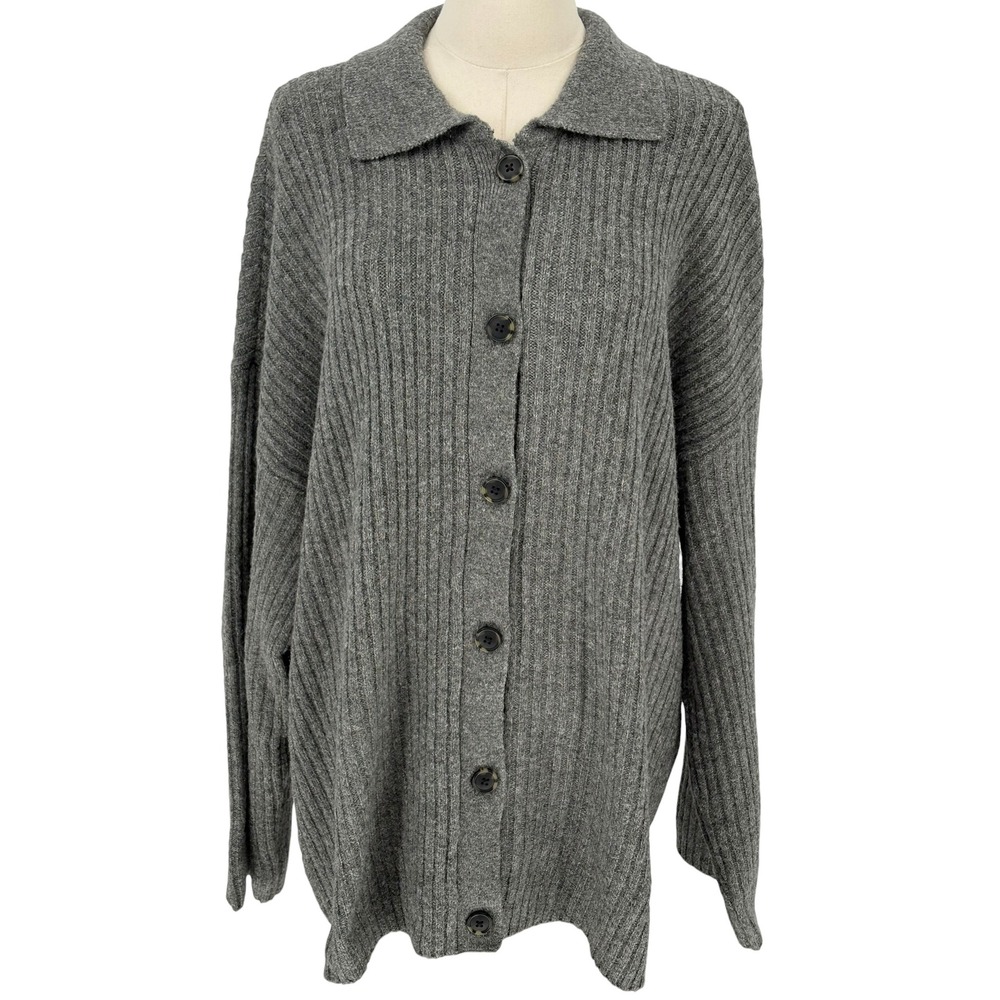 American Eagle Cardigan Grey Ribbed Knit Collared Button Front Size M‎